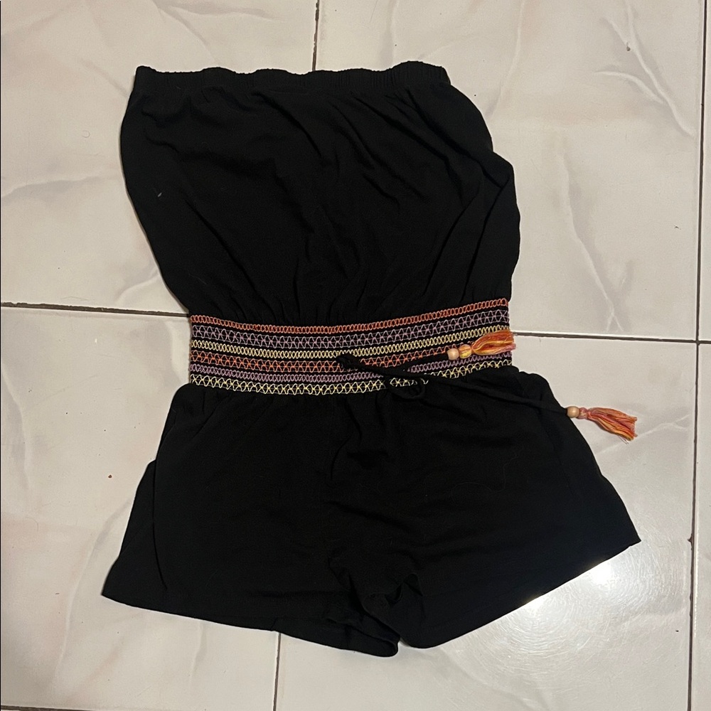 Chic Black Swim Coverup romper with Woven Belt